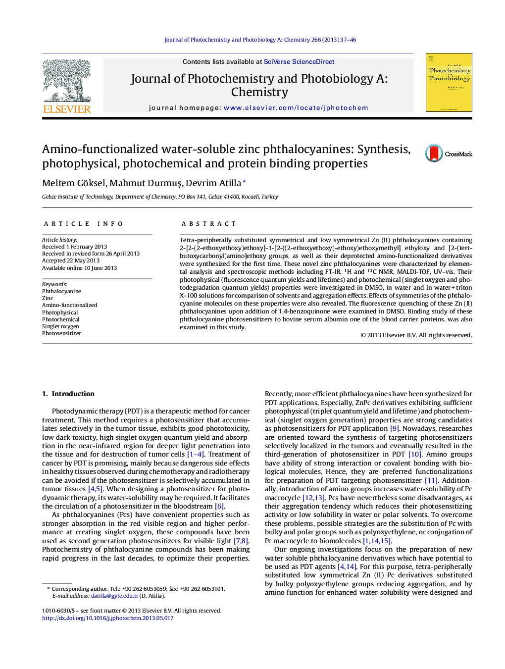 Amino-functionalized water-soluble zinc phthalocyanines: Synthesis, photophysical, photochemical and protein binding properties