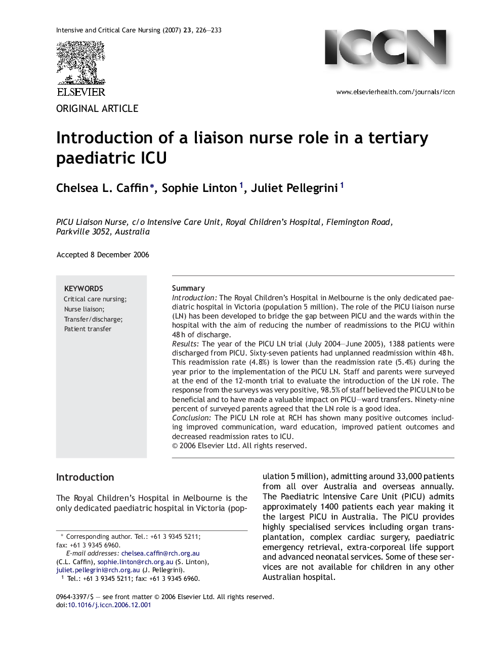 Introduction of a liaison nurse role in a tertiary paediatric ICU