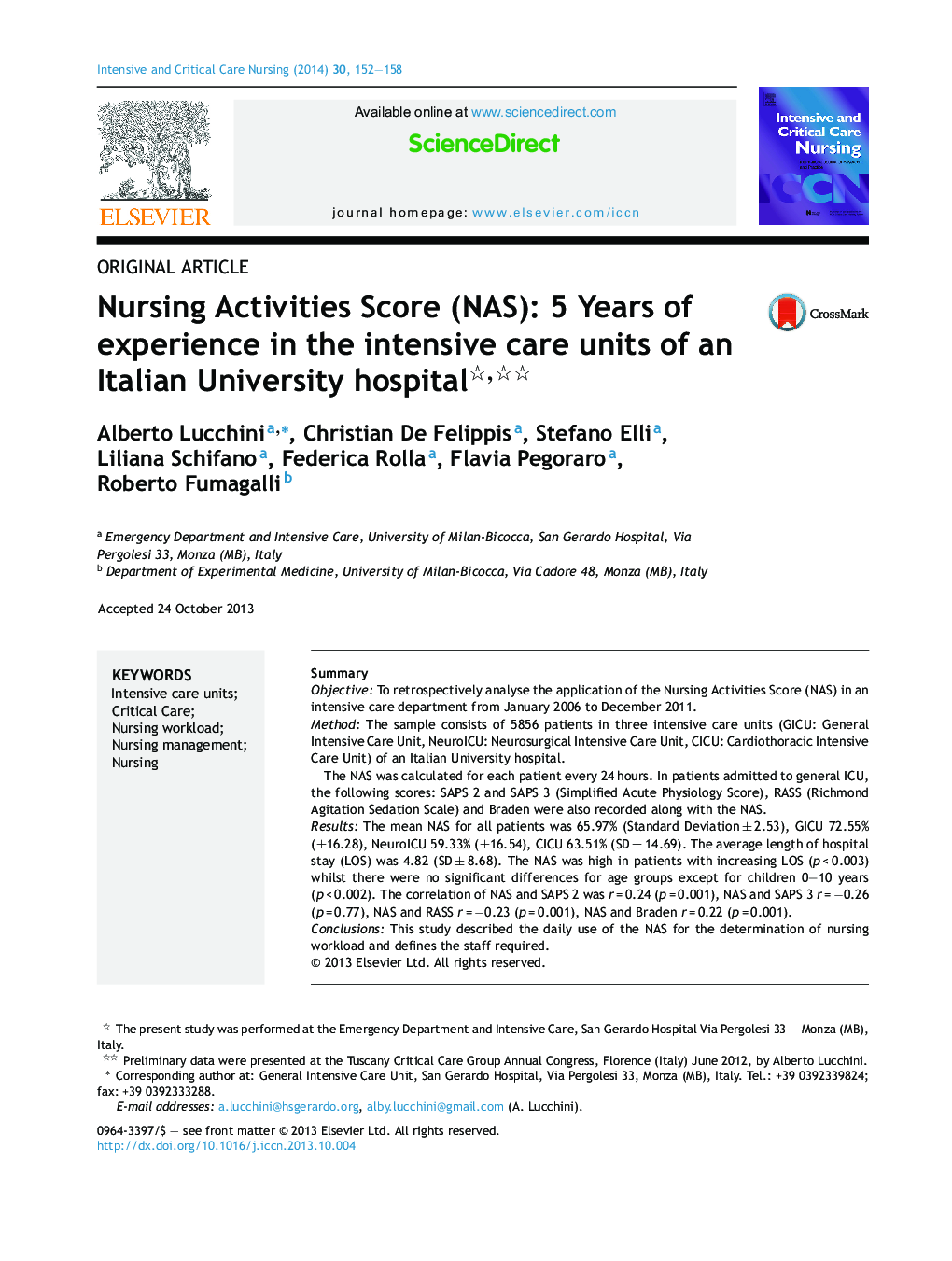 Nursing Activities Score (NAS): 5 Years of experience in the intensive care units of an Italian University hospital 
