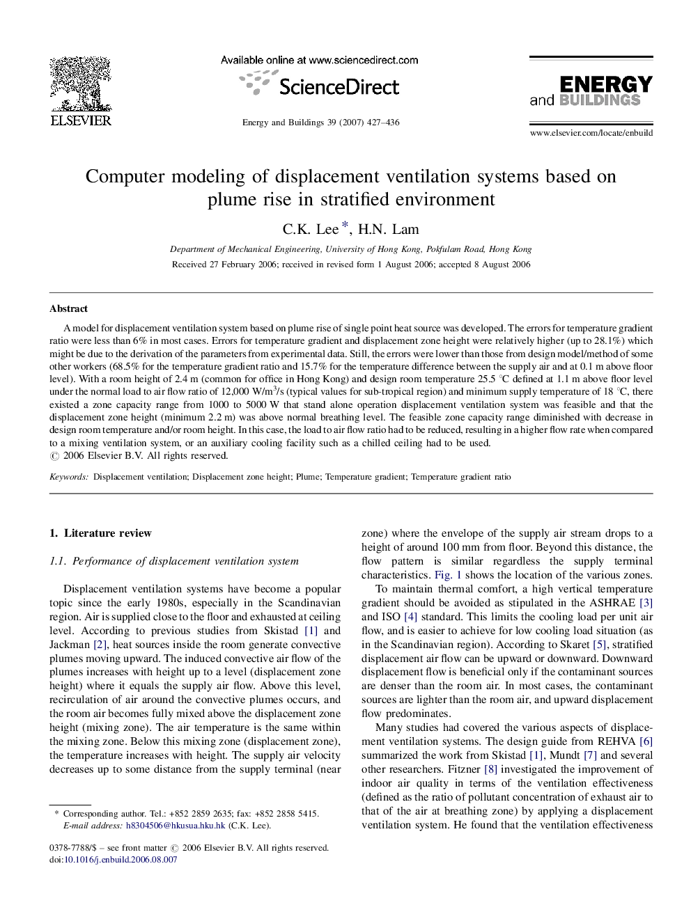 Computer modeling of displacement ventilation systems based on plume rise in stratified environment