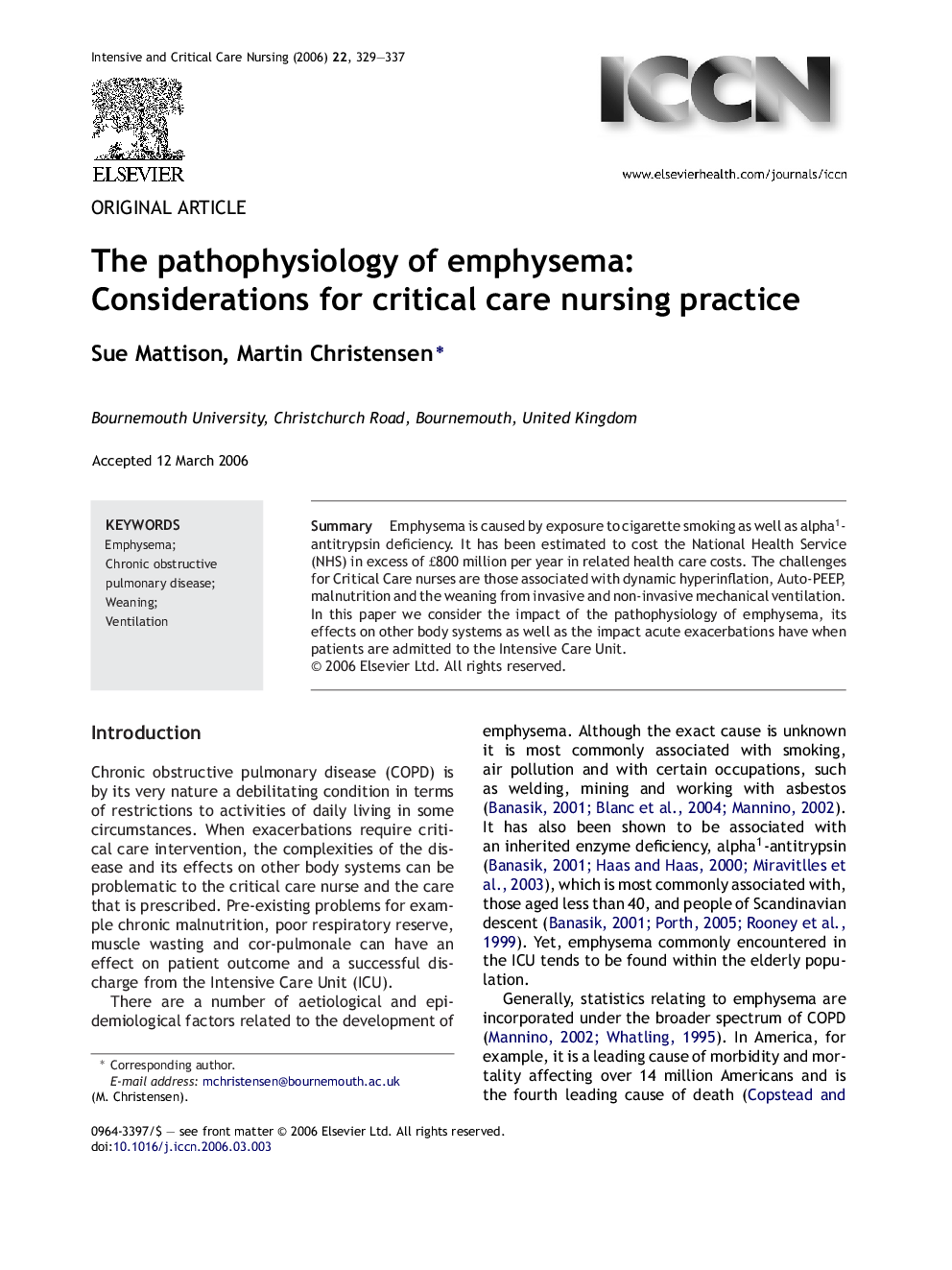 The pathophysiology of emphysema: Considerations for critical care nursing practice