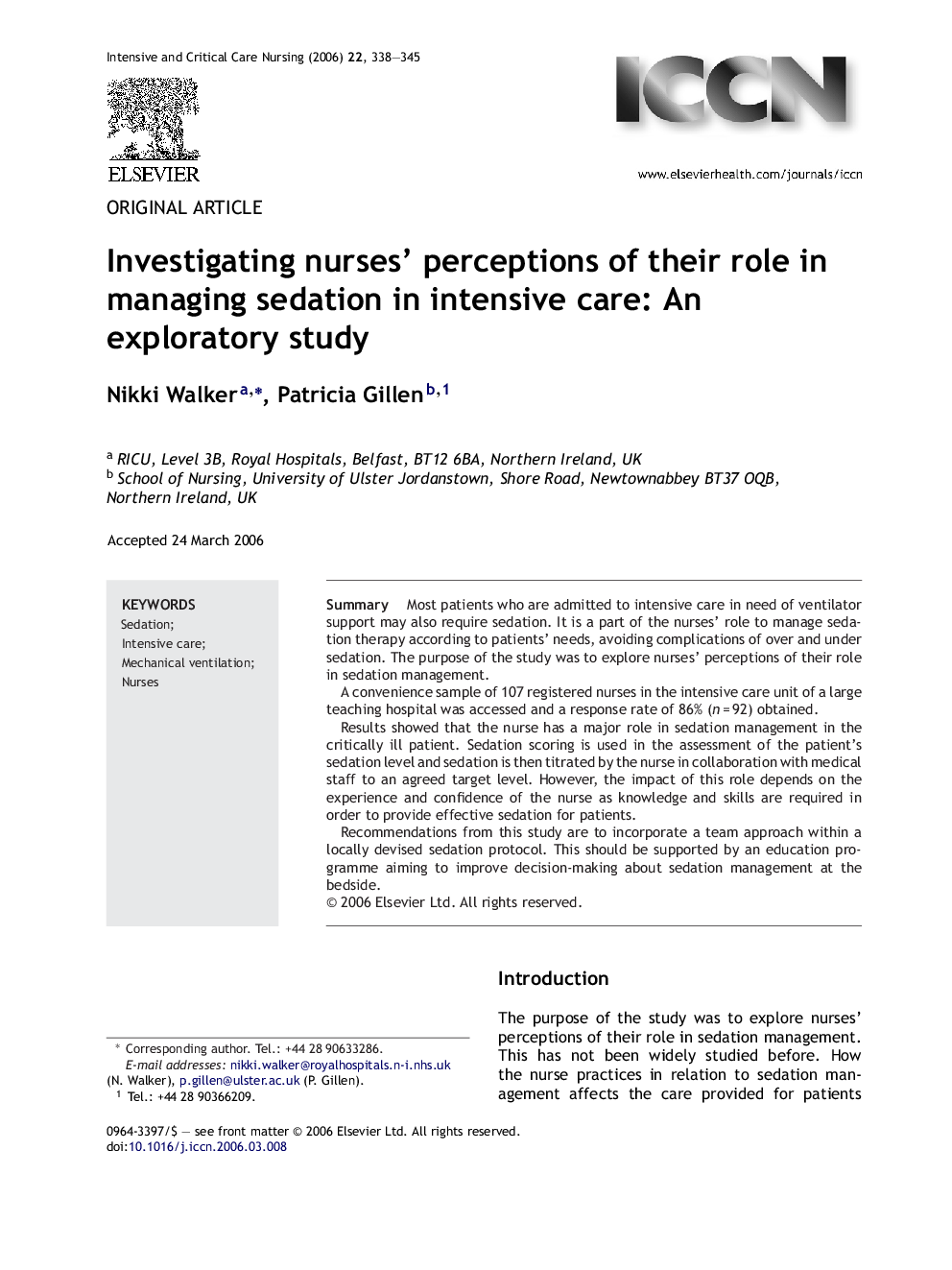 Investigating nurses’ perceptions of their role in managing sedation in intensive care: An exploratory study