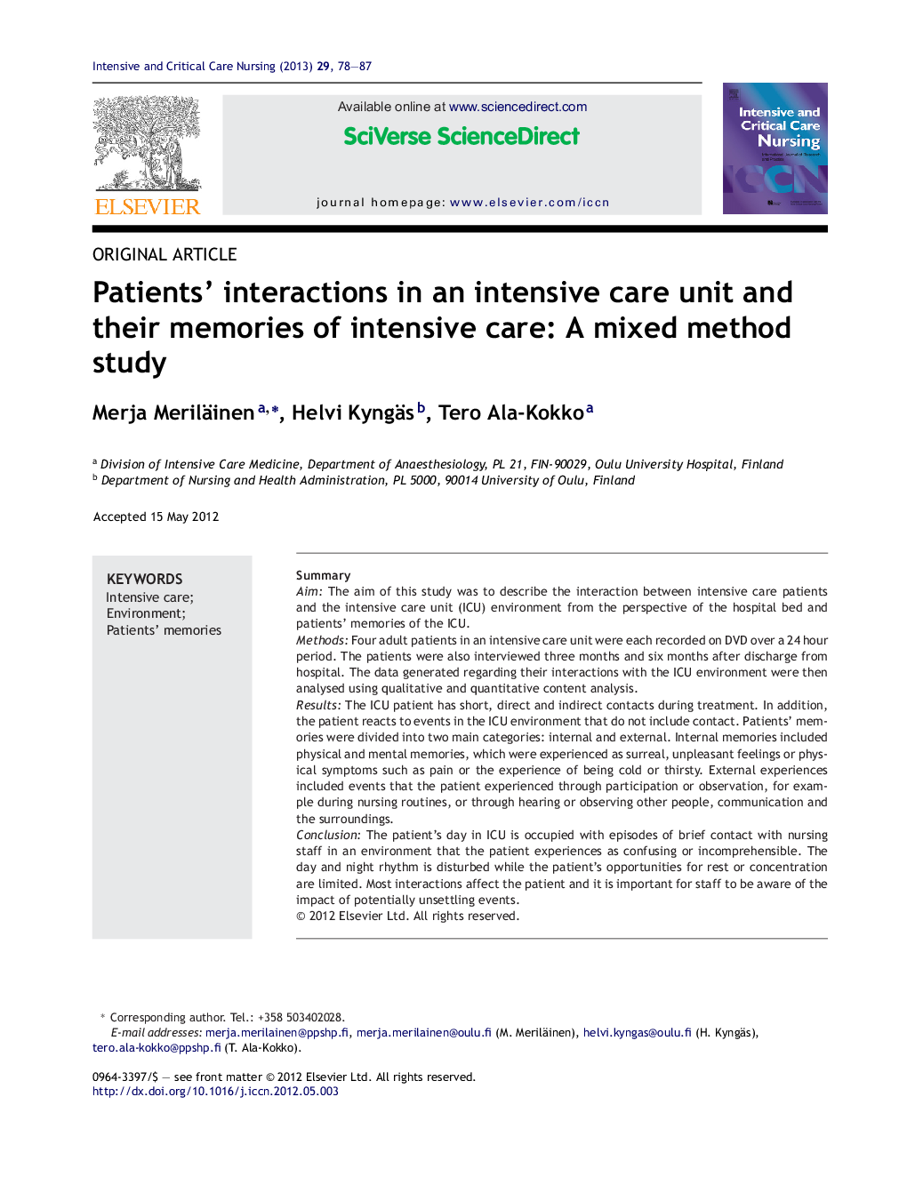 عکس صفحه اول مقاله: Patients’ interactions in an intensive care unit and their memories of intensive care: A mixed method study Patients’ interactions in an intensive care unit and their memories of intensive care: A mixed method study