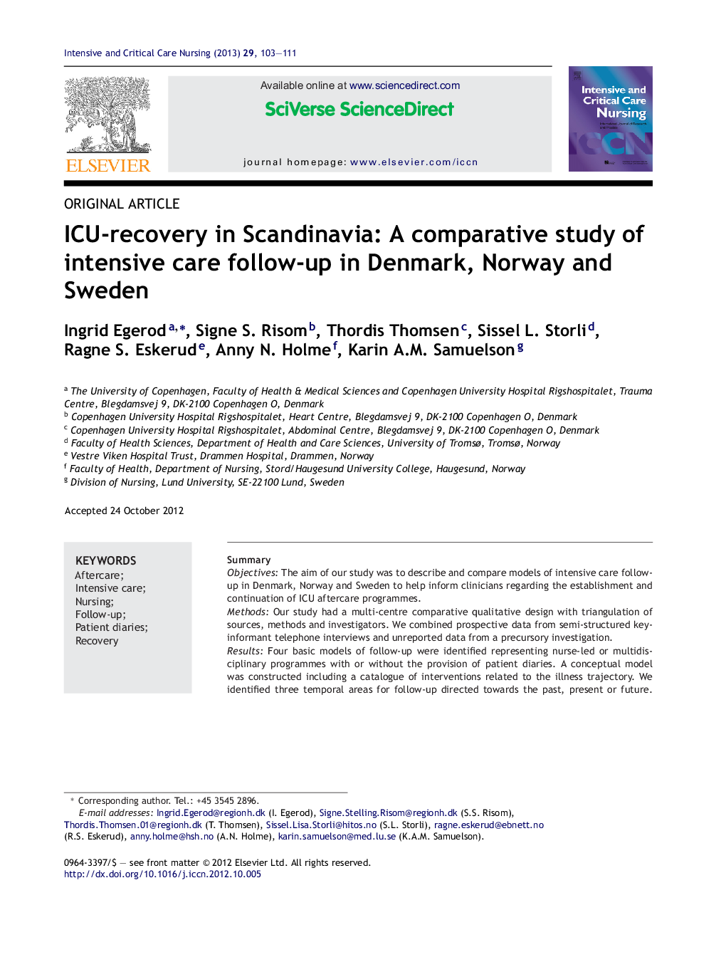 ICU-recovery in Scandinavia: A comparative study of intensive care follow-up in Denmark, Norway and Sweden