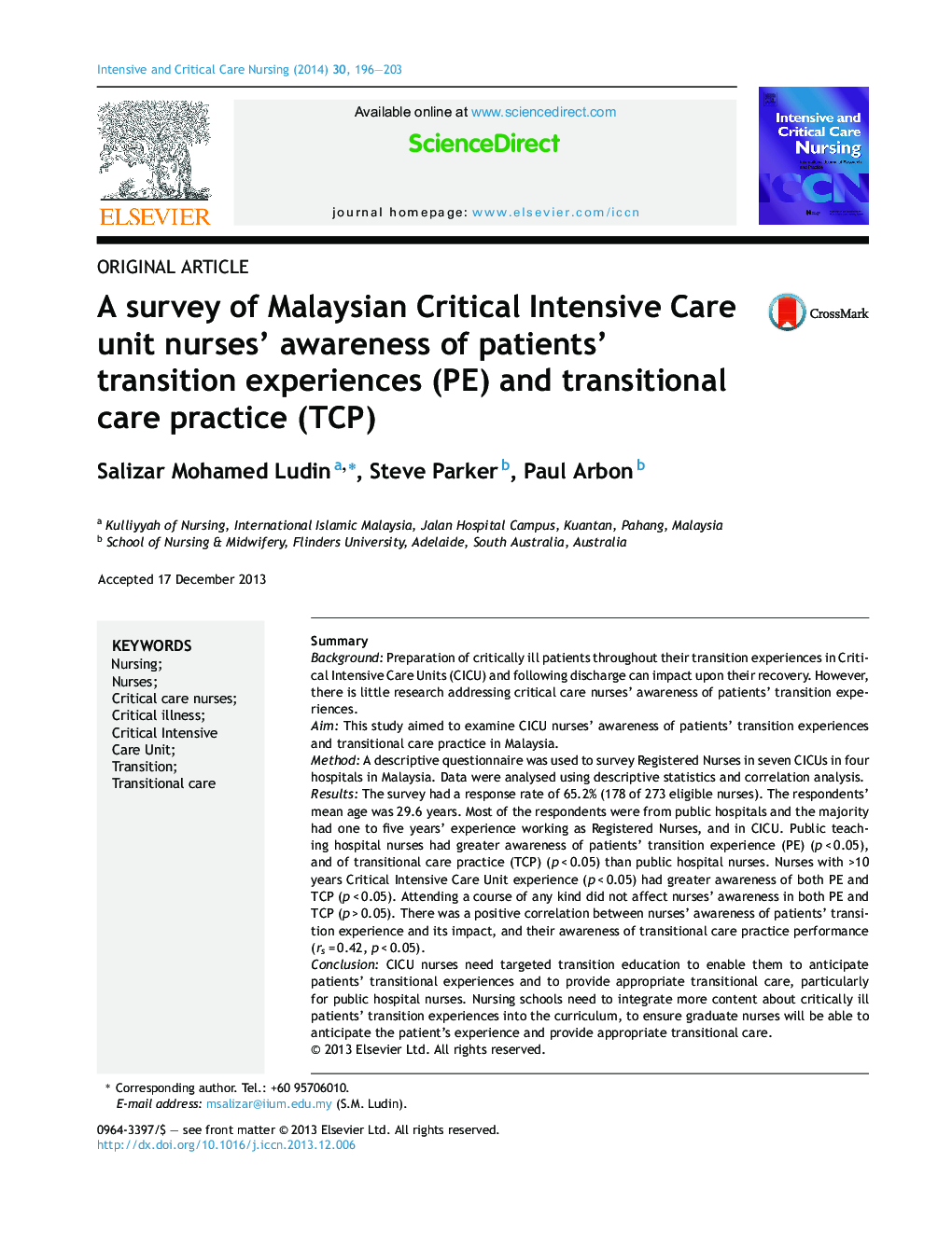 A survey of Malaysian Critical Intensive Care unit nurses’ awareness of patients’ transition experiences (PE) and transitional care practice (TCP)