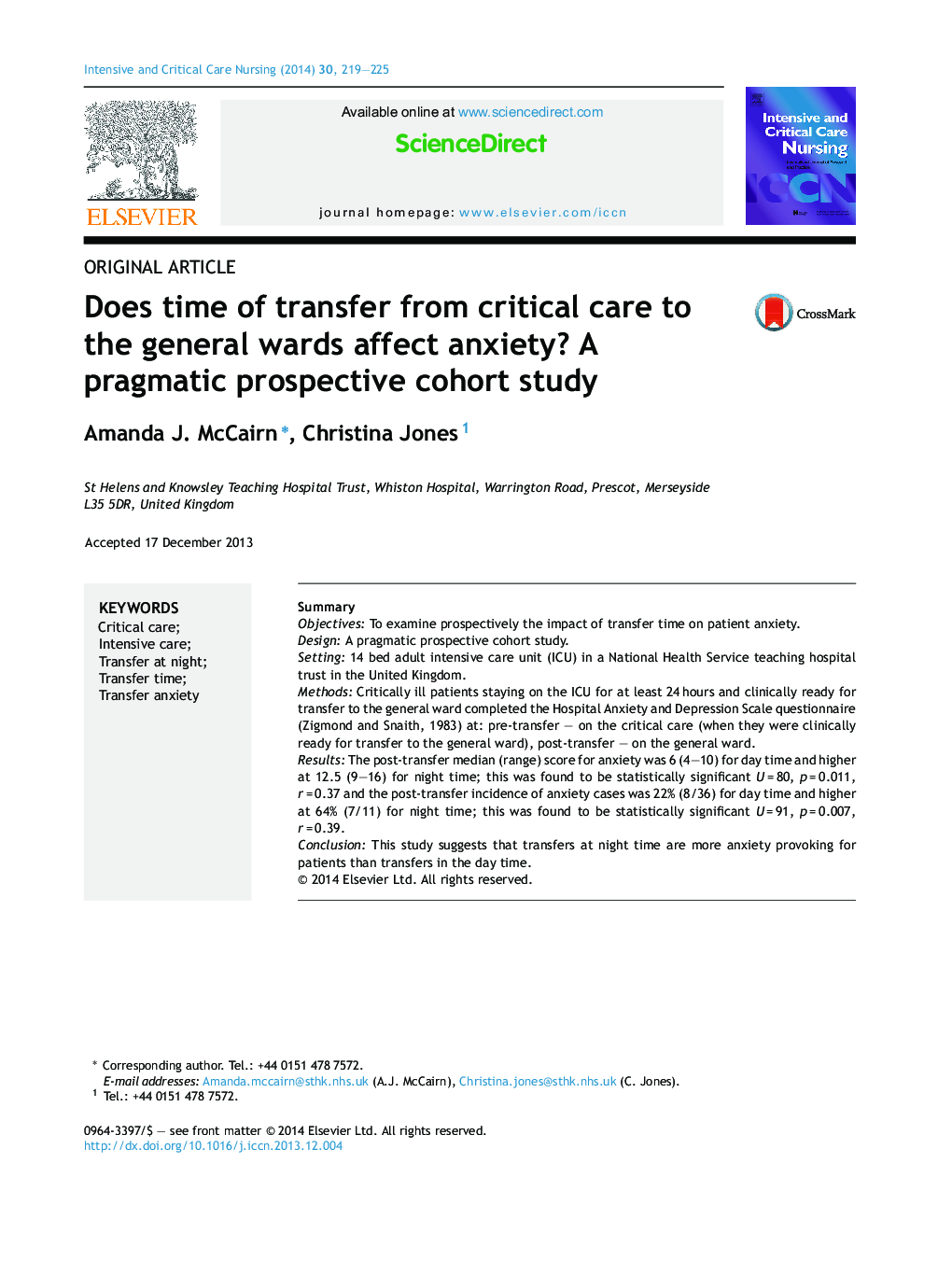 Does time of transfer from critical care to the general wards affect anxiety? A pragmatic prospective cohort study