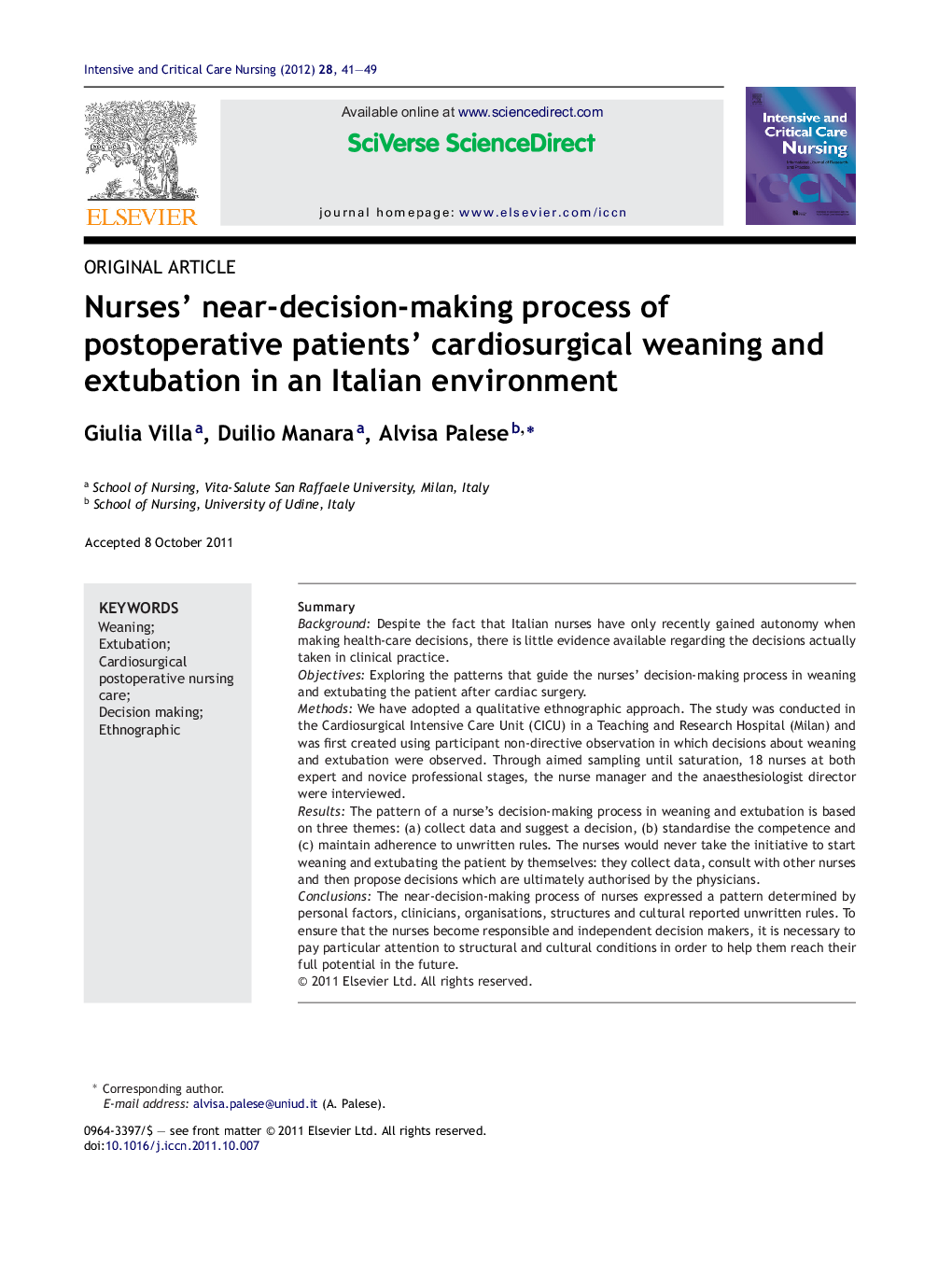 Nurses’ near-decision-making process of postoperative patients’ cardiosurgical weaning and extubation in an Italian environment