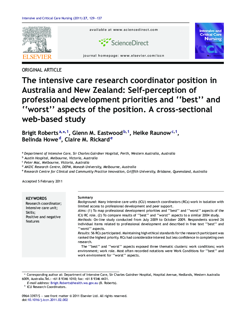 The intensive care research coordinator position in Australia and New Zealand: Self-perception of professional development priorities and “best” and “worst” aspects of the position. A cross-sectional web-based study