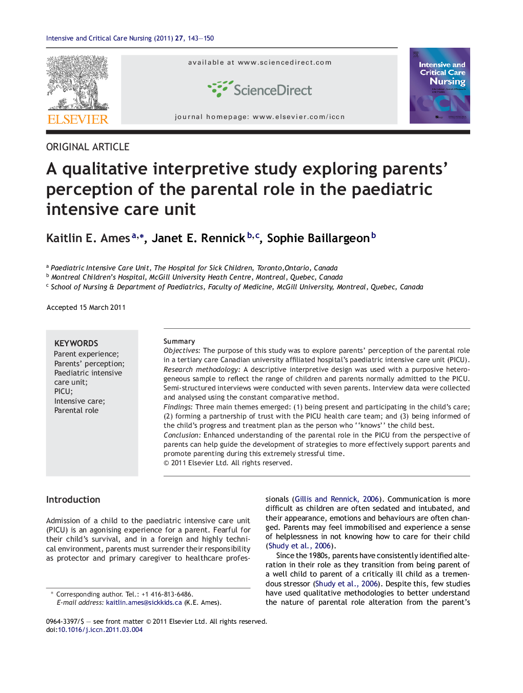 A qualitative interpretive study exploring parents’ perception of the parental role in the paediatric intensive care unit