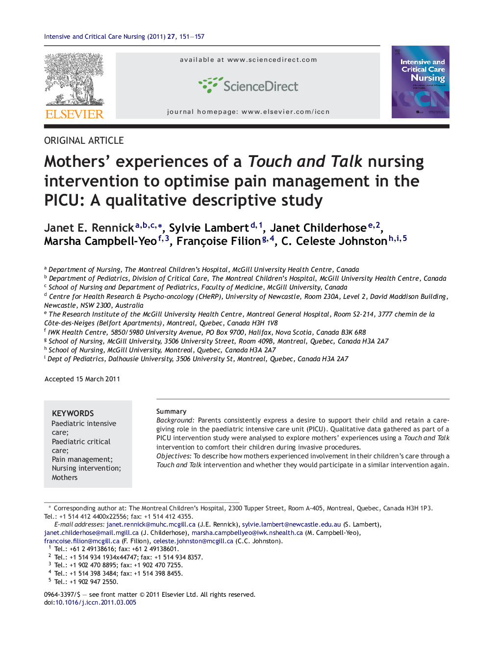 Mothers’ experiences of a Touch and Talk nursing intervention to optimise pain management in the PICU: A qualitative descriptive study