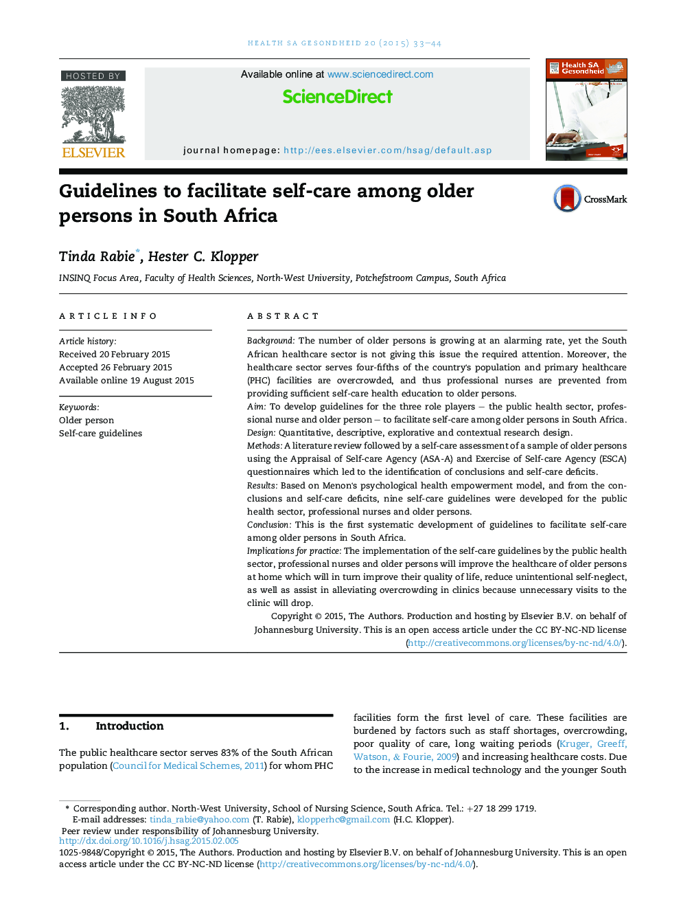 Guidelines to facilitate self-care among older persons in South Africa 