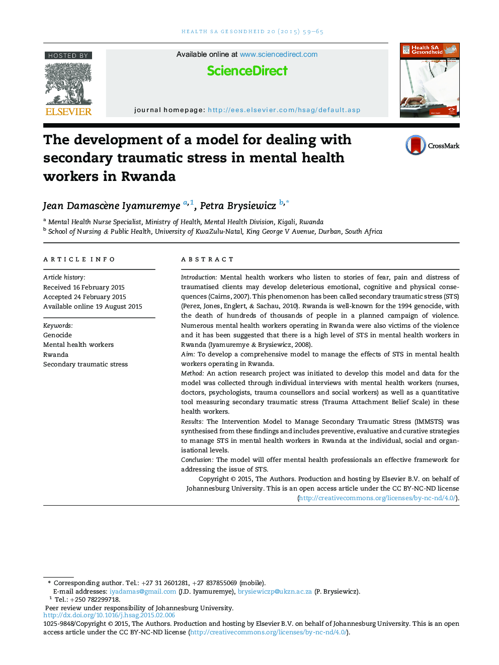 The development of a model for dealing with secondary traumatic stress in mental health workers in Rwanda 