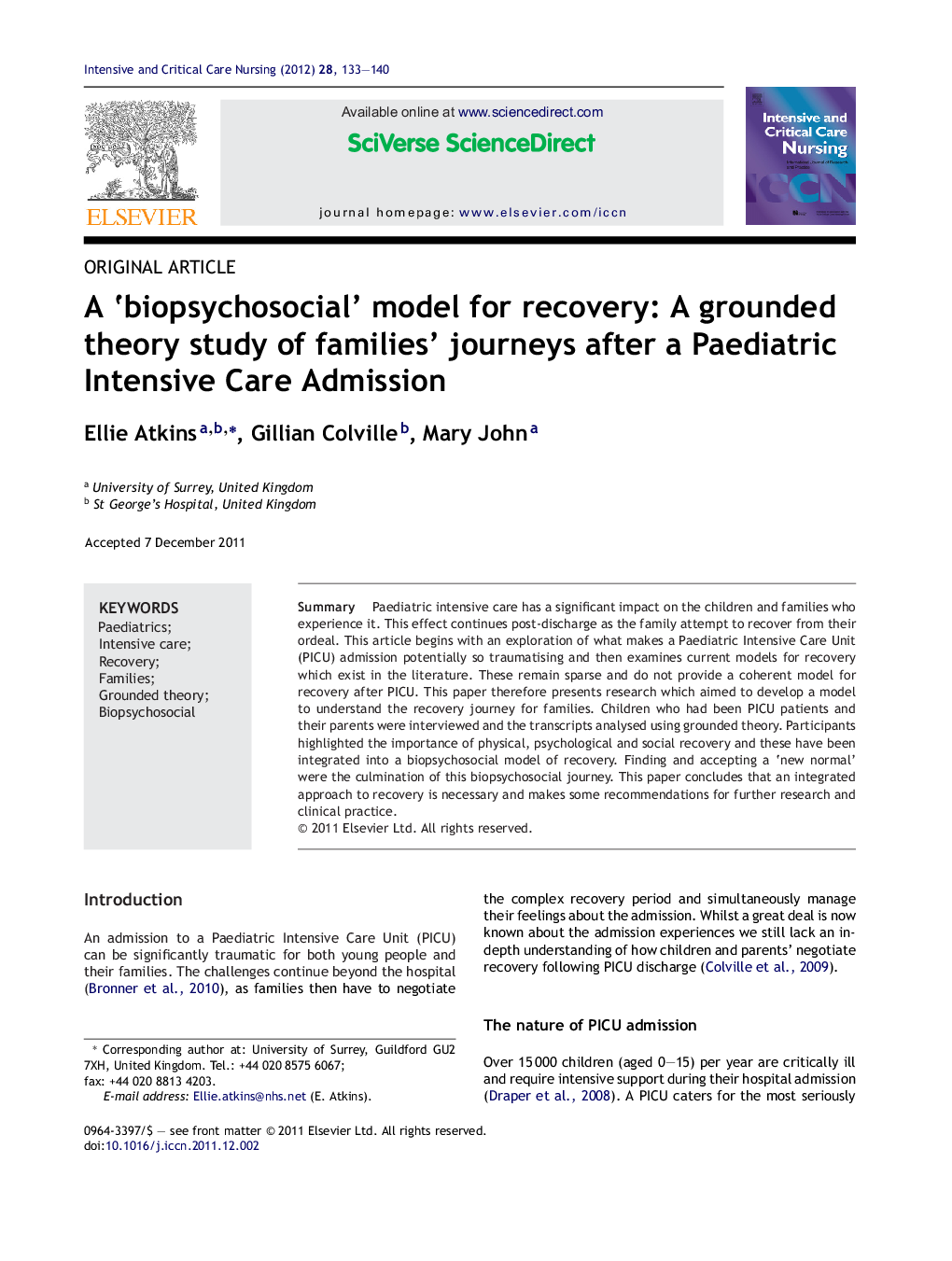 A ‘biopsychosocial’ model for recovery: A grounded theory study of families’ journeys after a Paediatric Intensive Care Admission