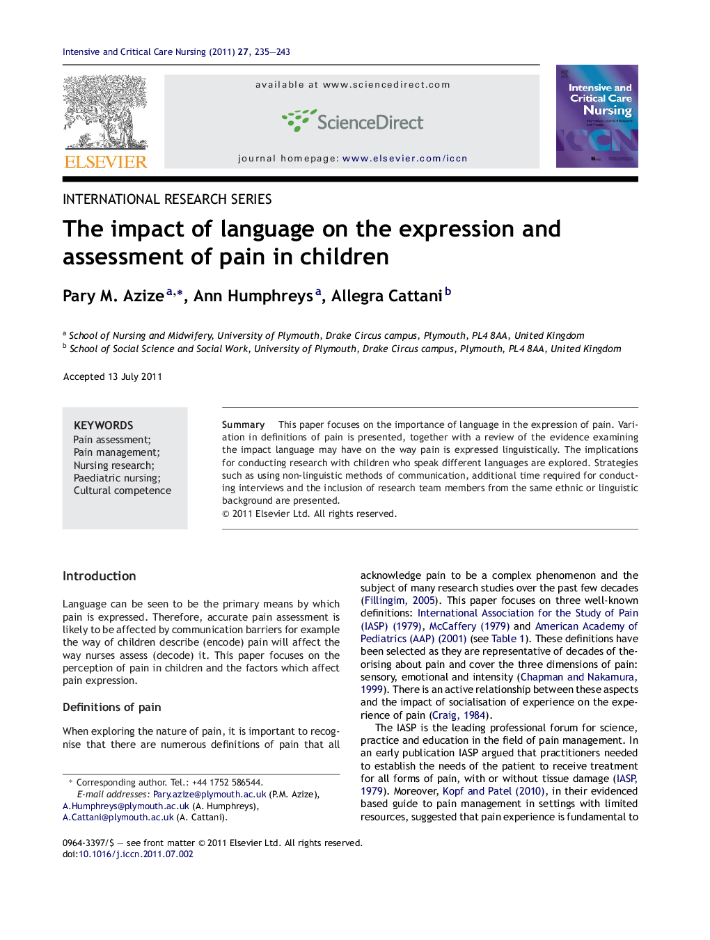 The impact of language on the expression and assessment of pain in children