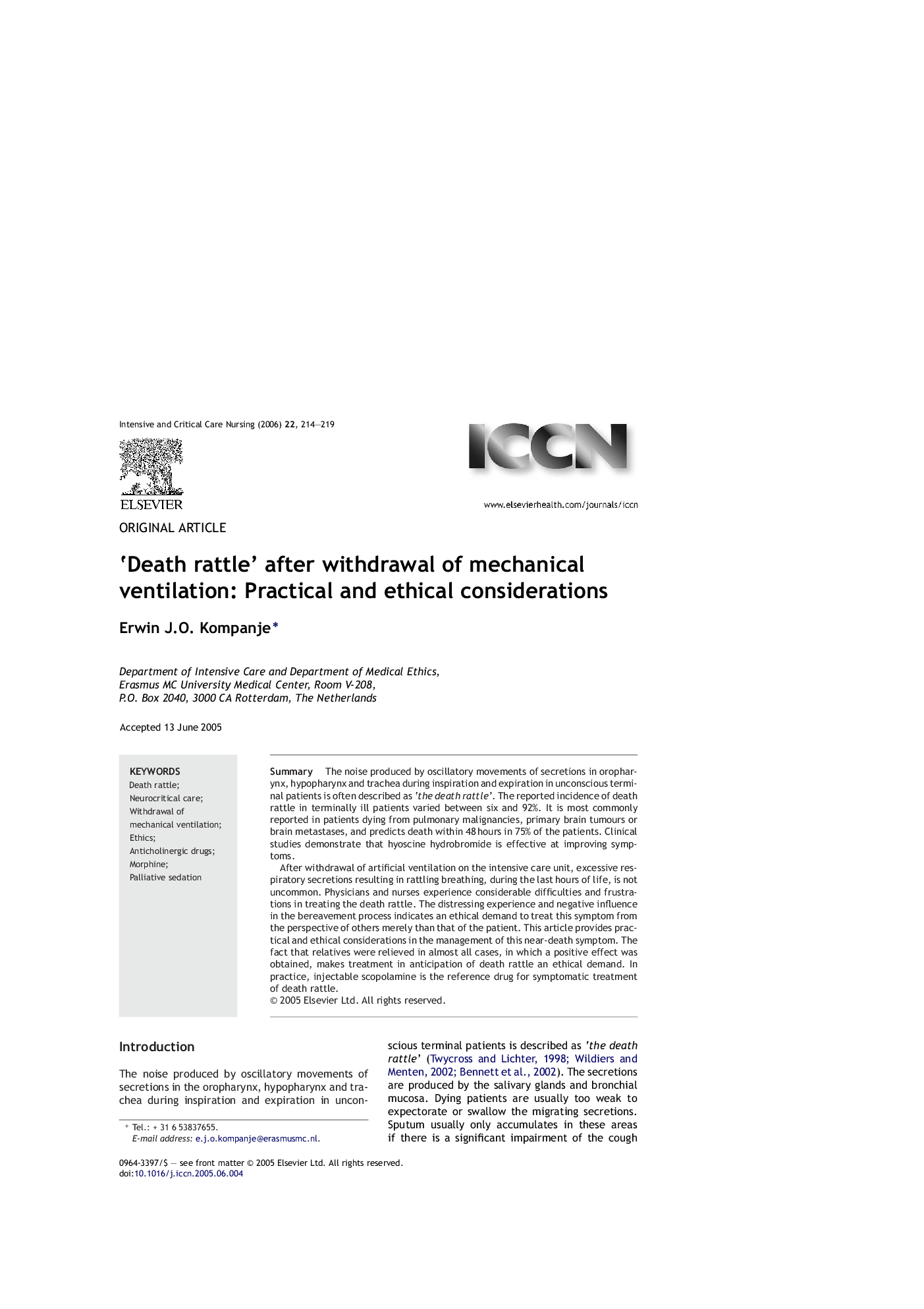 ‘Death rattle’ after withdrawal of mechanical ventilation: Practical and ethical considerations