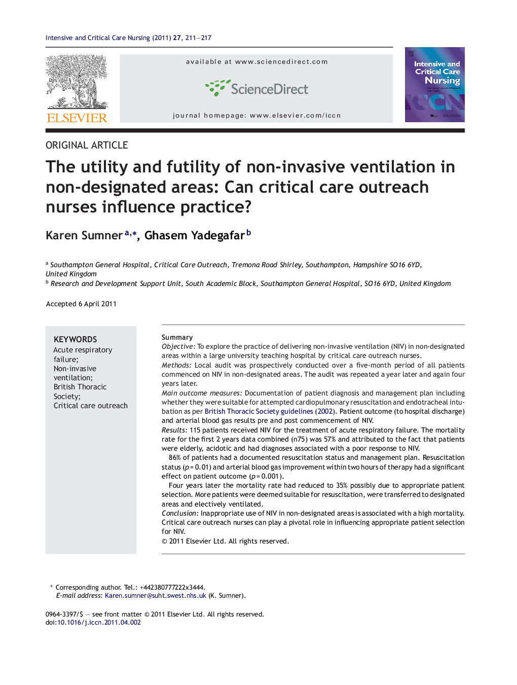 The utility and futility of non-invasive ventilation in non-designated areas: Can critical care outreach nurses influence practice?