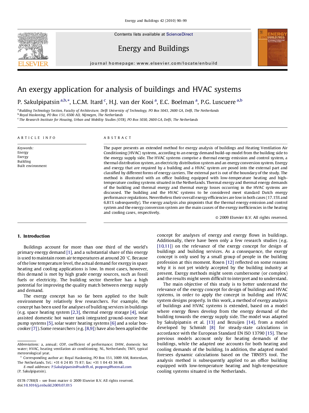 An exergy application for analysis of buildings and HVAC systems