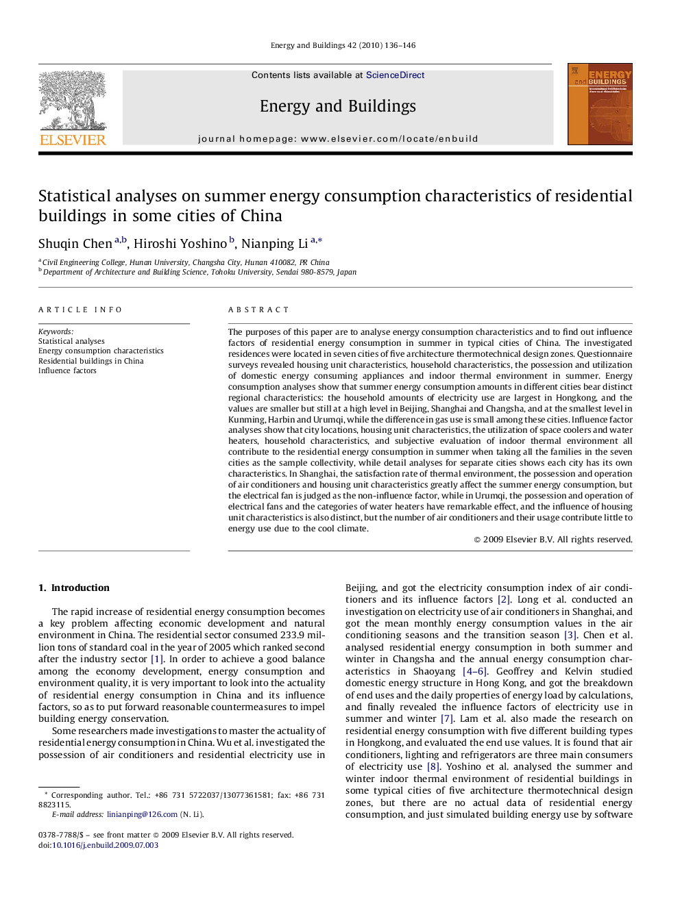 Statistical analyses on summer energy consumption characteristics of residential buildings in some cities of China