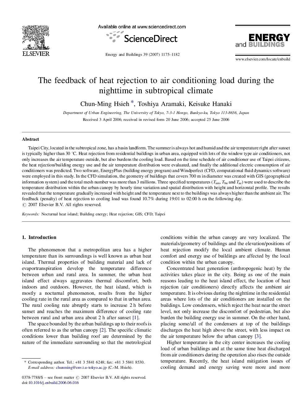 The feedback of heat rejection to air conditioning load during the nighttime in subtropical climate