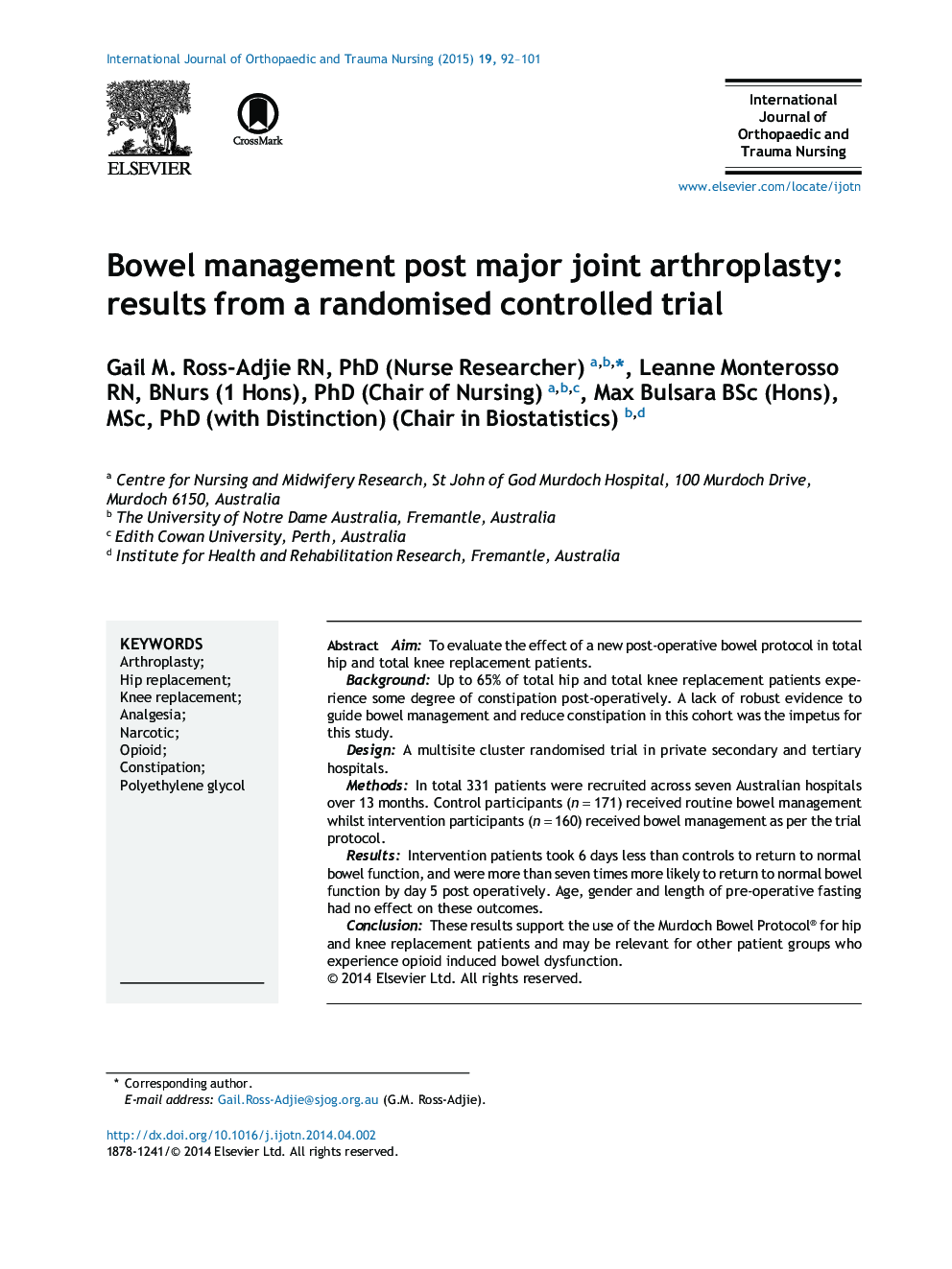 Bowel management post major joint arthroplasty: results from a randomised controlled trial