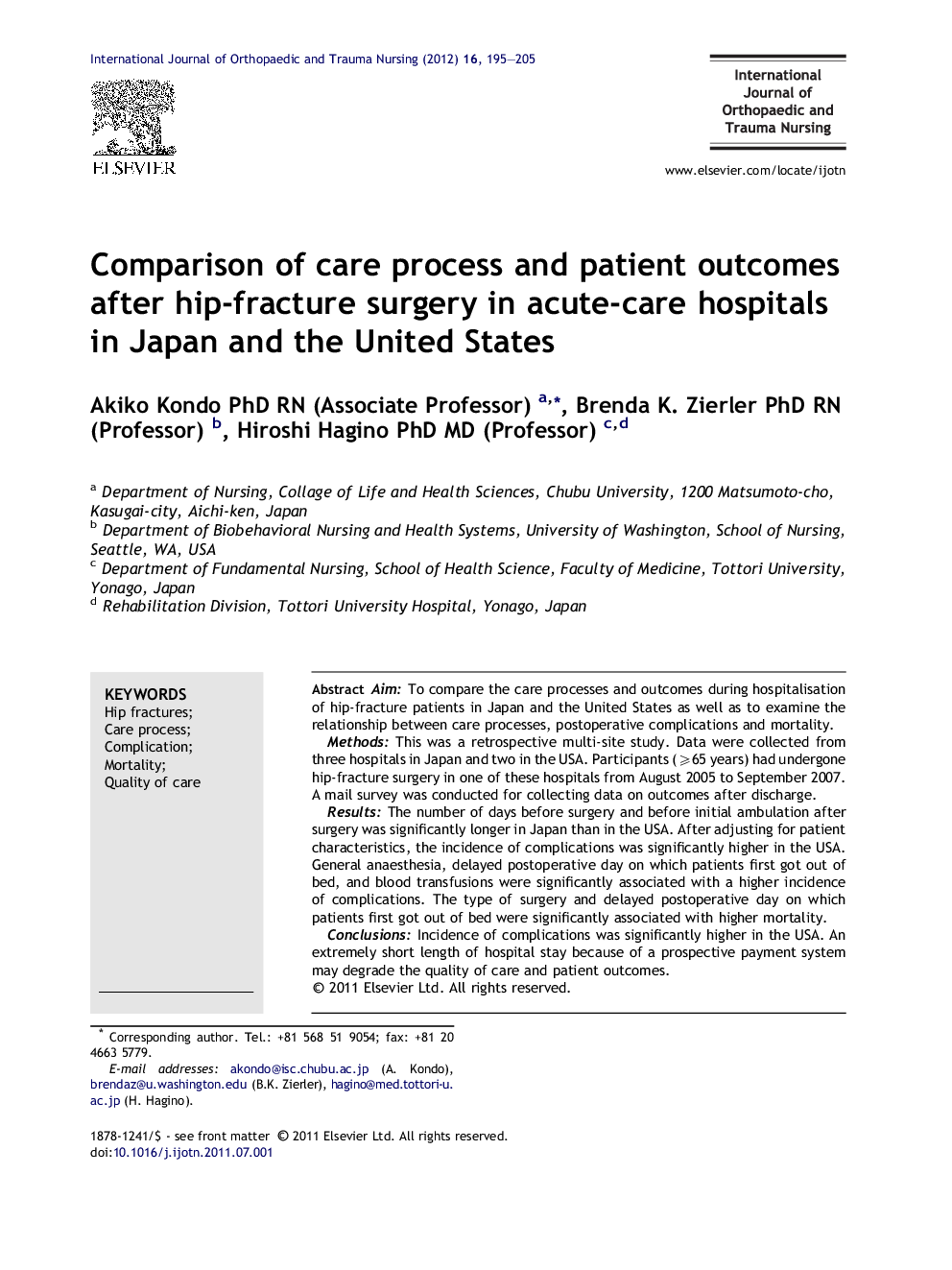 Comparison of care process and patient outcomes after hip-fracture surgery in acute-care hospitals in Japan and the United States