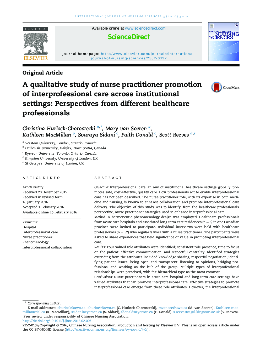 A qualitative study of nurse practitioner promotion of interprofessional care across institutional settings: Perspectives from different healthcare professionals 