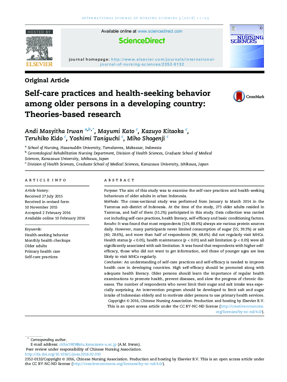 Self-care practices and health-seeking behavior among older persons in a developing country: Theories-based research 