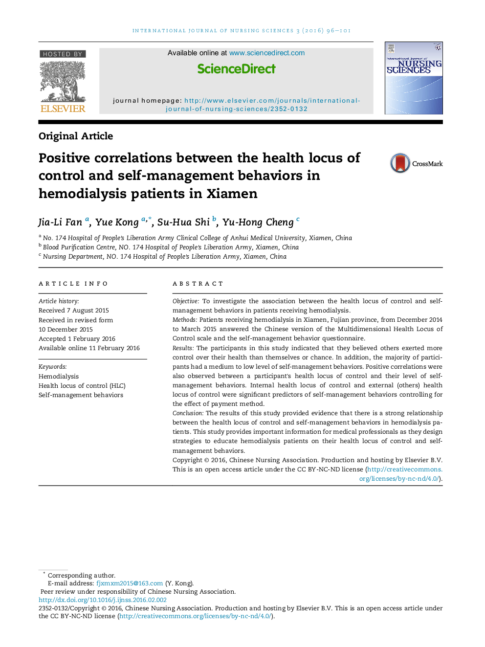 Positive correlations between the health locus of control and self-management behaviors in hemodialysis patients in Xiamen 