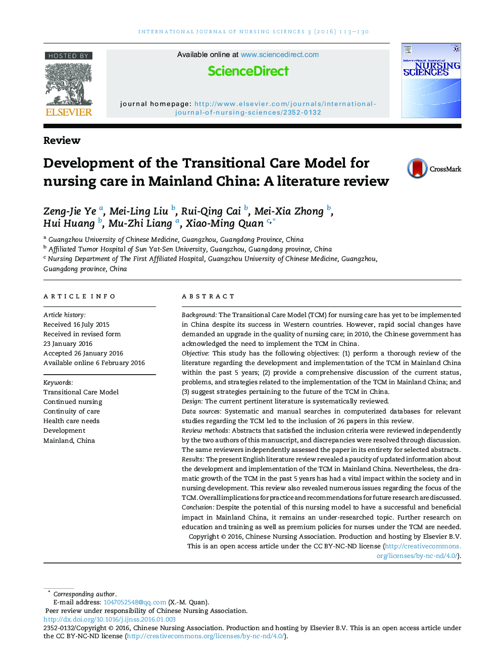 Development of the Transitional Care Model for nursing care in Mainland China: A literature review 