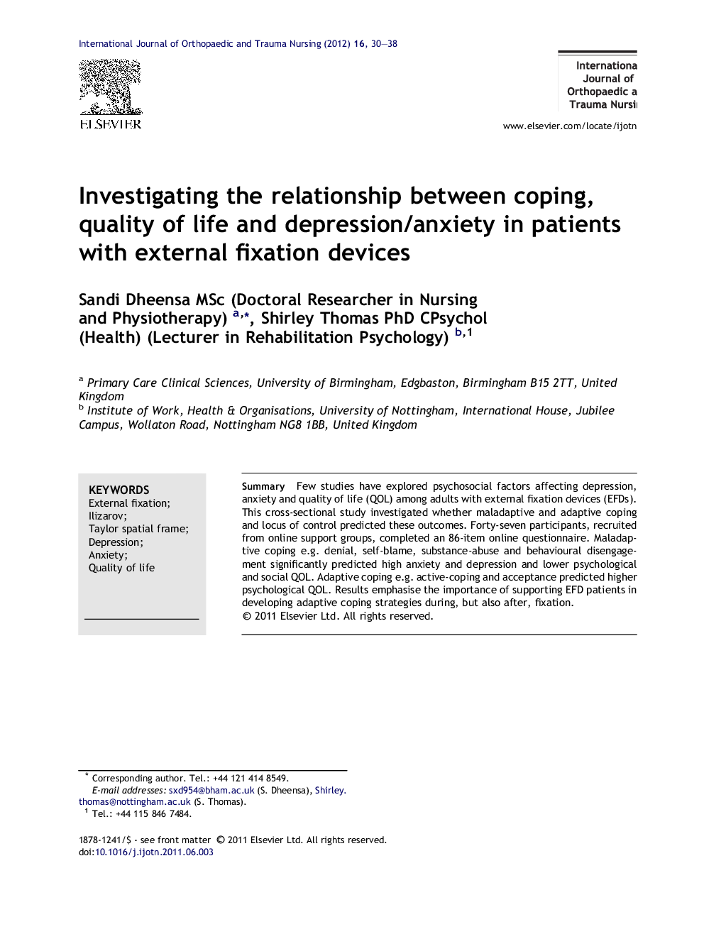 Investigating the relationship between coping, quality of life and depression/anxiety in patients with external fixation devices