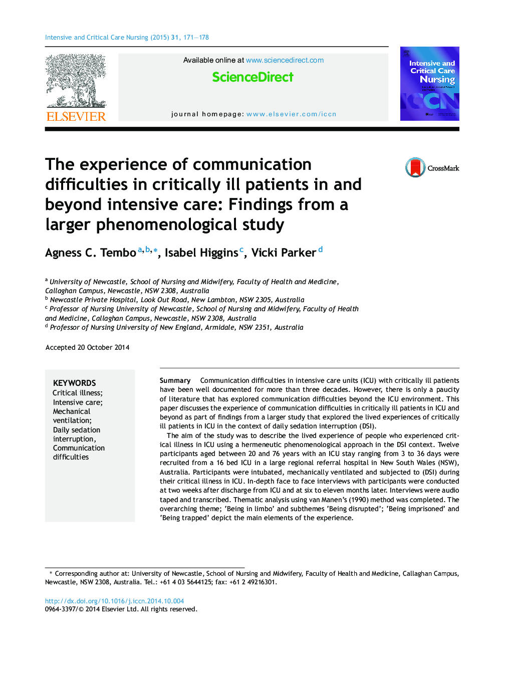 The experience of communication difficulties in critically ill patients in and beyond intensive care: Findings from a larger phenomenological study