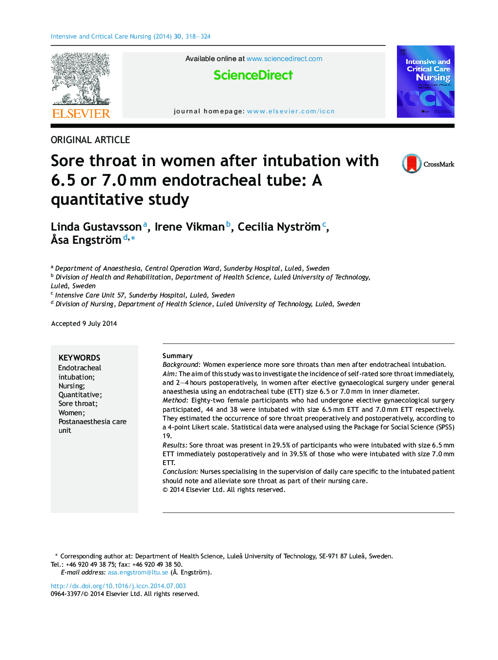 Sore throat in women after intubation with 6.5 or 7.0 mm endotracheal tube: A quantitative study