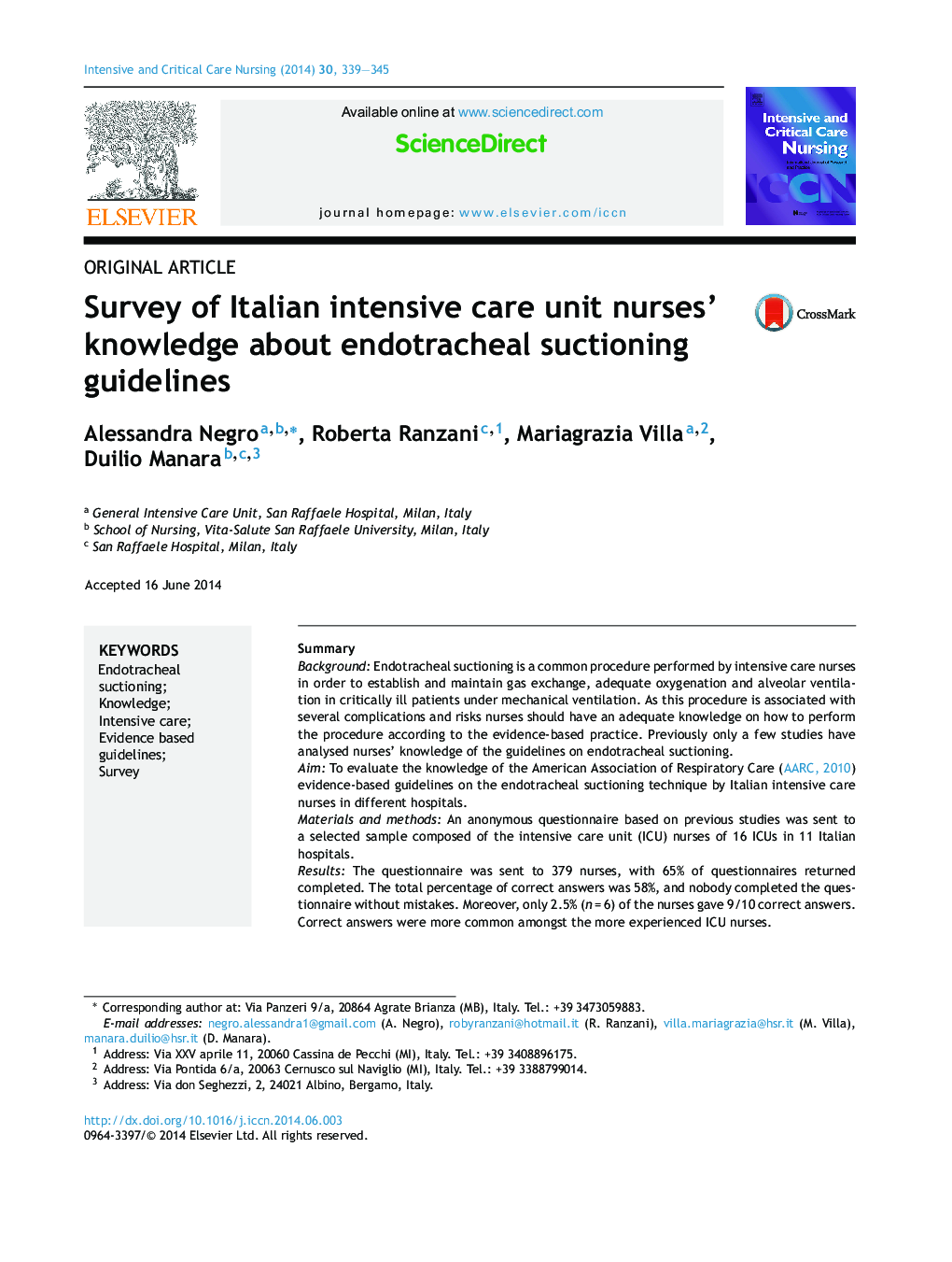 Survey of Italian intensive care unit nurses’ knowledge about endotracheal suctioning guidelines