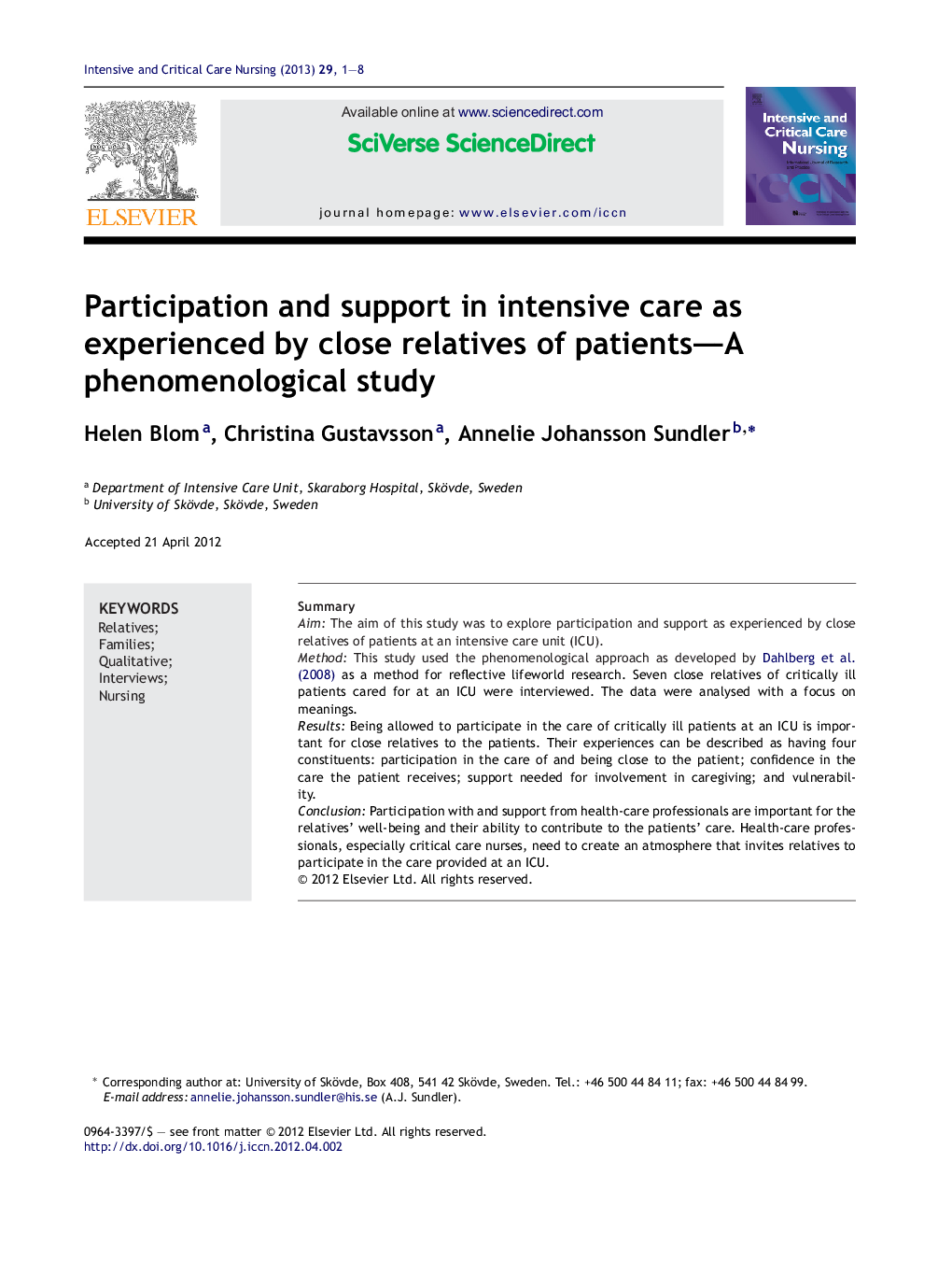 Participation and support in intensive care as experienced by close relatives of patients—A phenomenological study