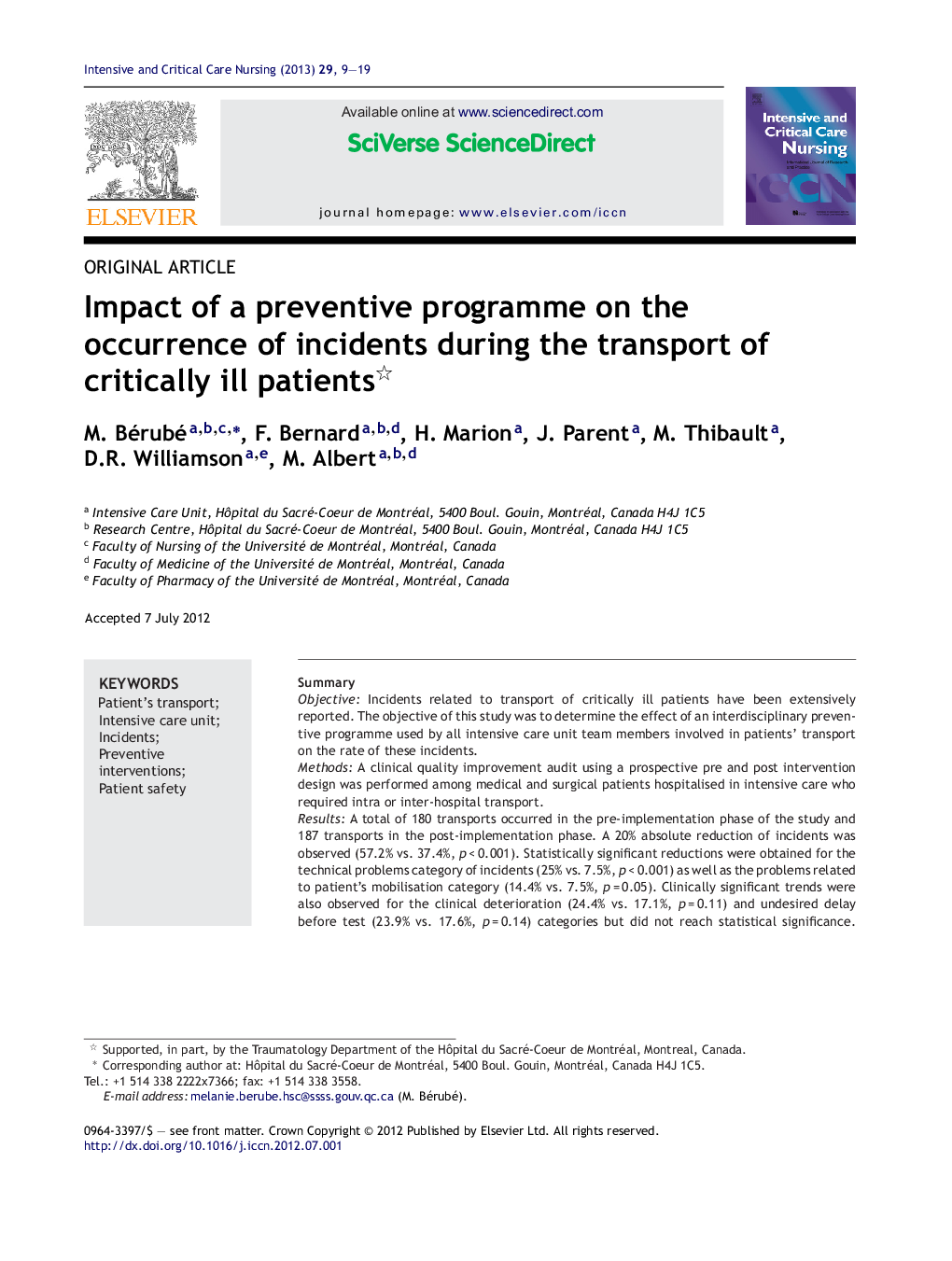 Impact of a preventive programme on the occurrence of incidents during the transport of critically ill patients 