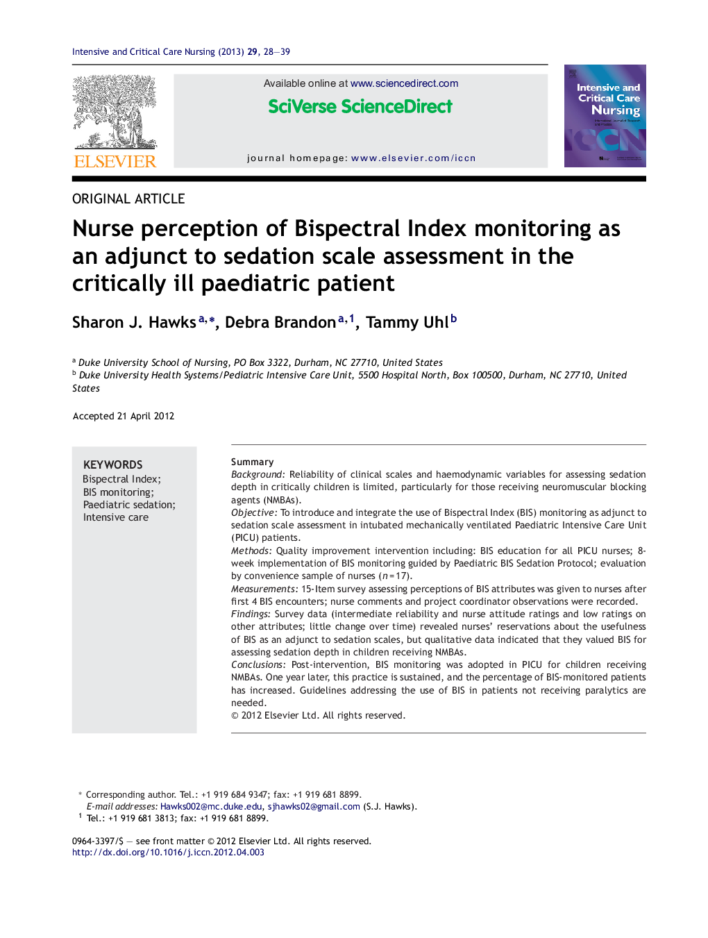 Nurse perception of Bispectral Index monitoring as an adjunct to sedation scale assessment in the critically ill paediatric patient