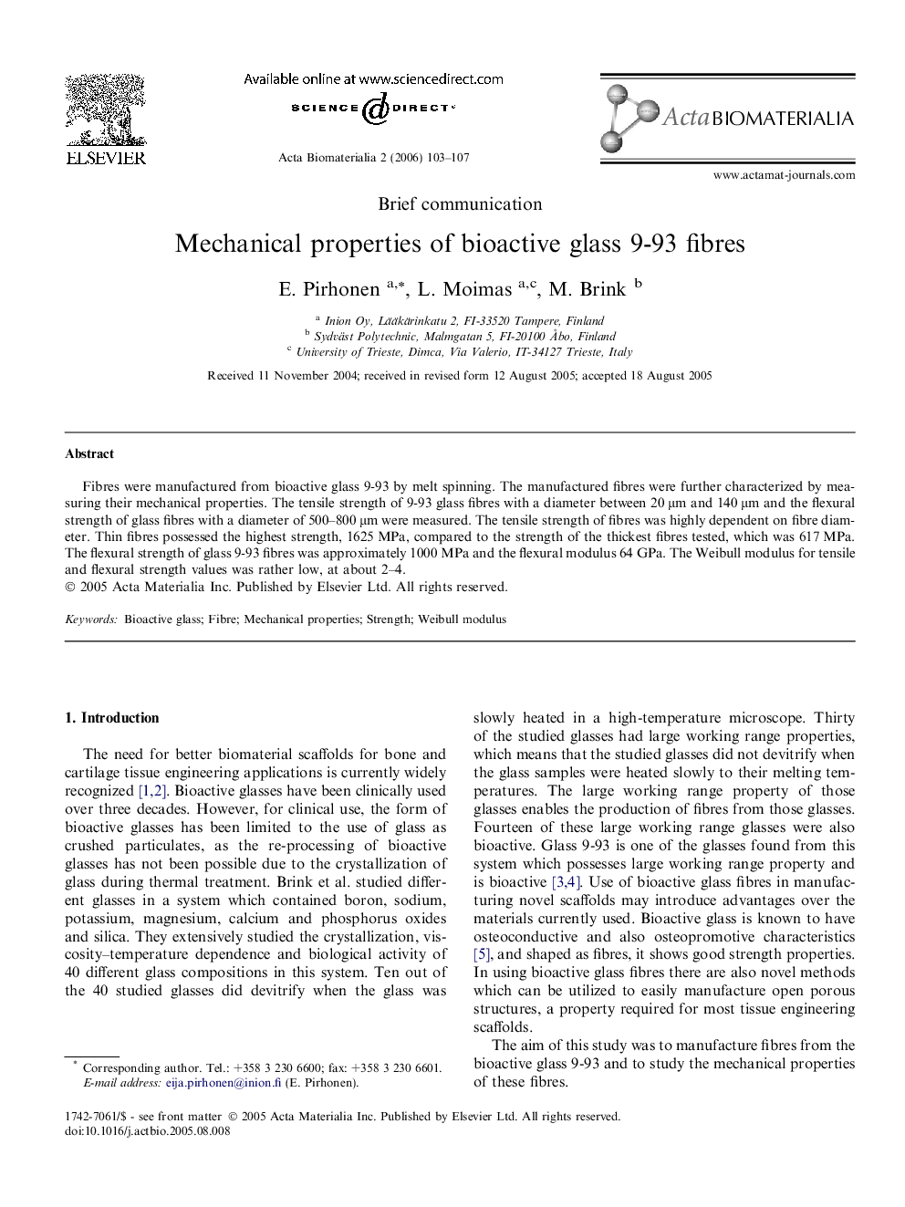 Mechanical properties of bioactive glass 9-93 fibres