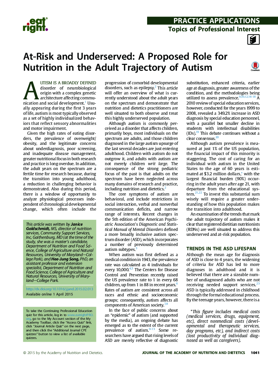 At-Risk and Underserved: A Proposed Role for Nutrition in the Adult Trajectory of Autism