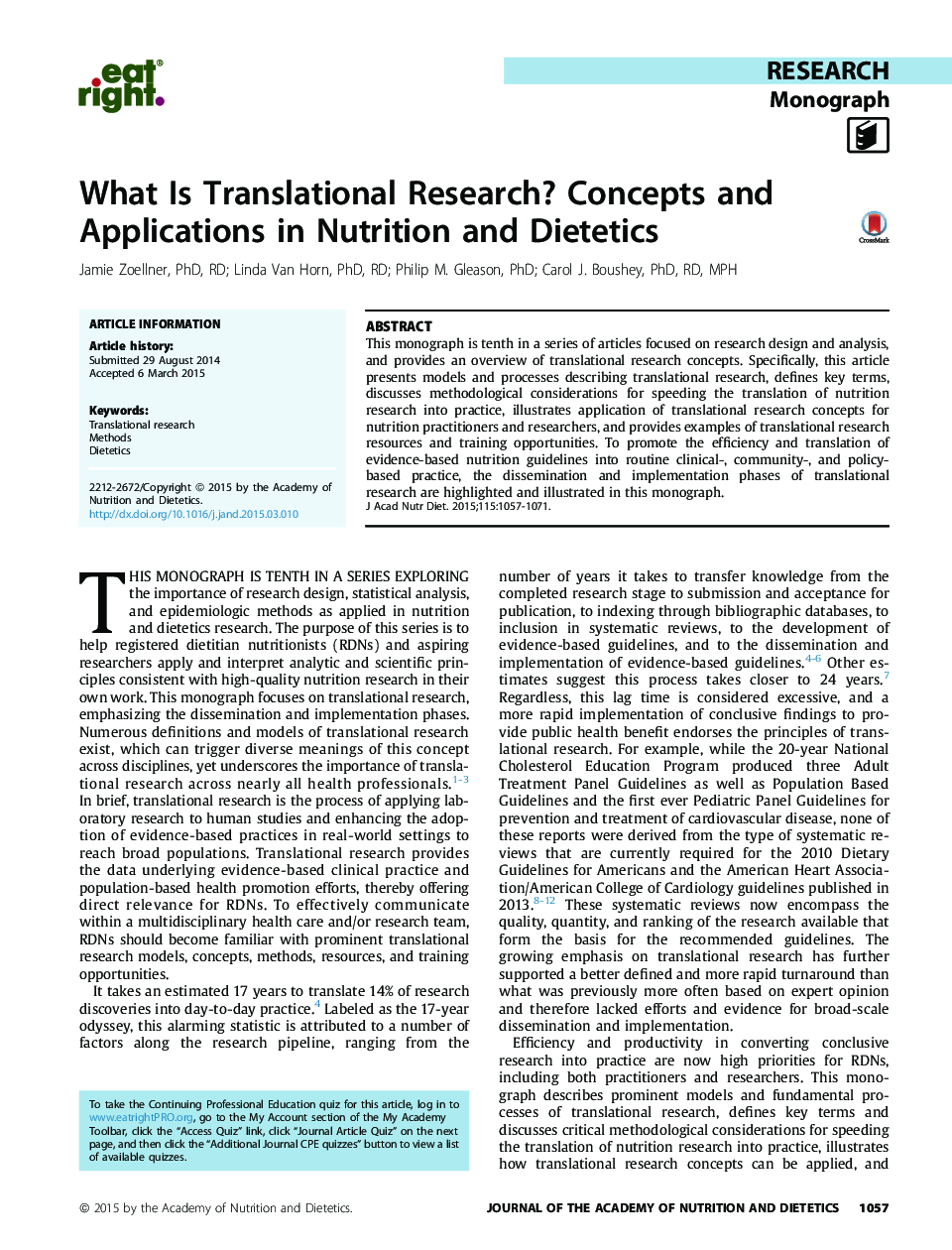 What Is Translational Research? Concepts and Applications in Nutrition and Dietetics 