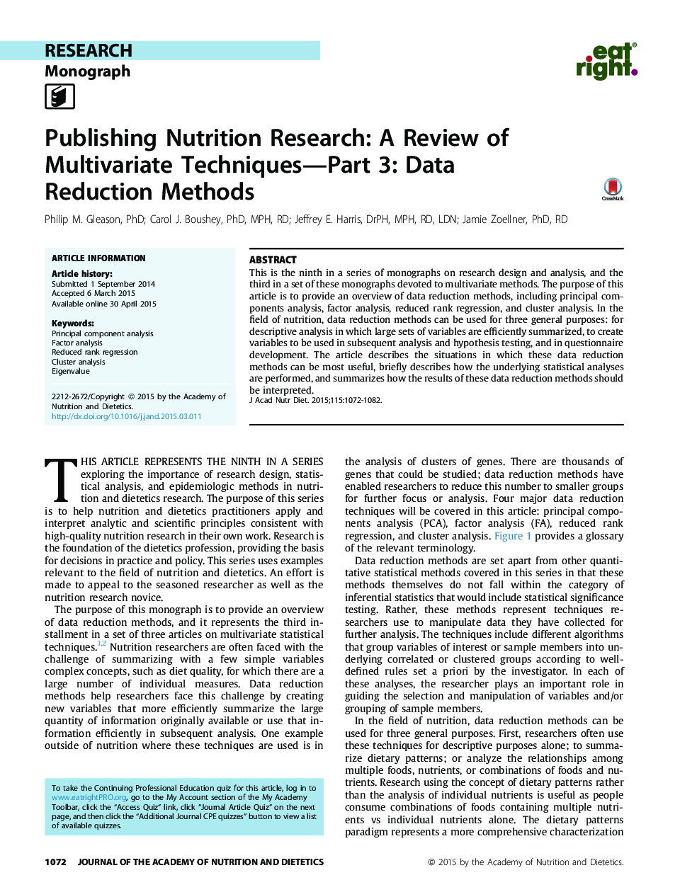 Publishing Nutrition Research: A Review of Multivariate Techniques—Part 3: Data Reduction Methods 
