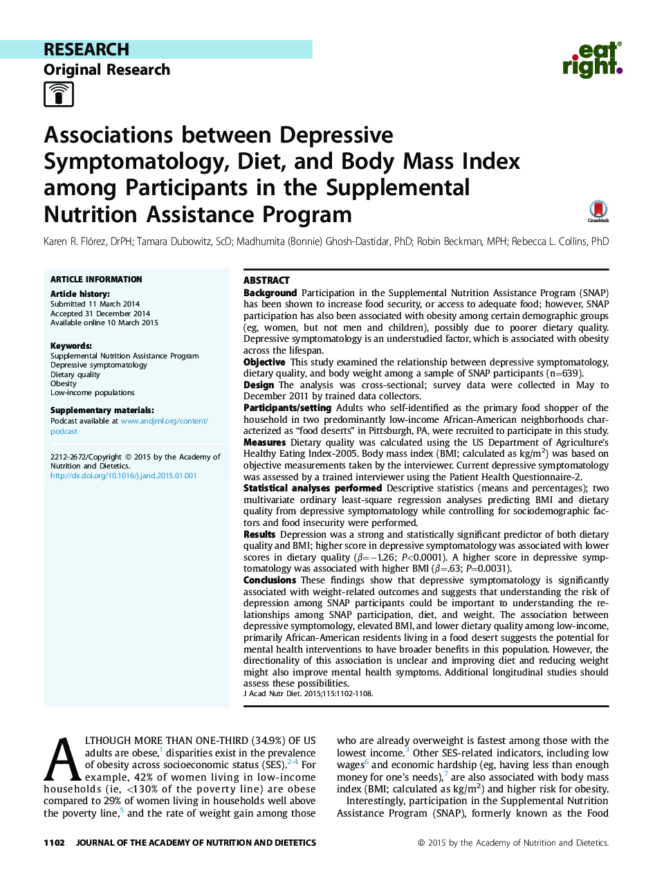 Associations between Depressive Symptomatology, Diet, and Body Mass Index among Participants in the Supplemental Nutrition Assistance Program 