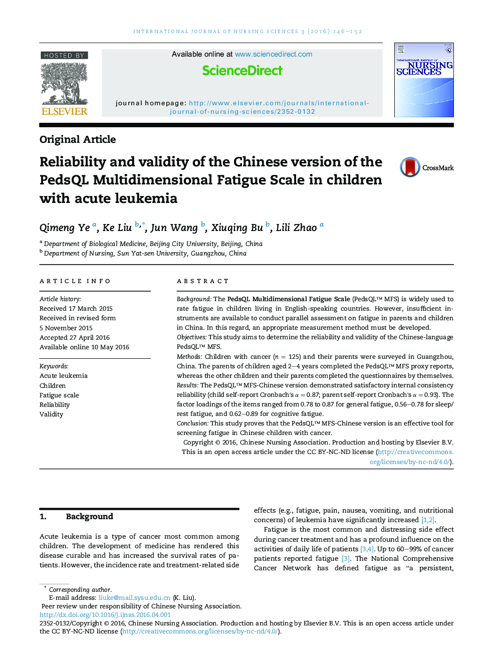 Reliability and validity of the Chinese version of the PedsQL Multidimensional Fatigue Scale in children with acute leukemia 