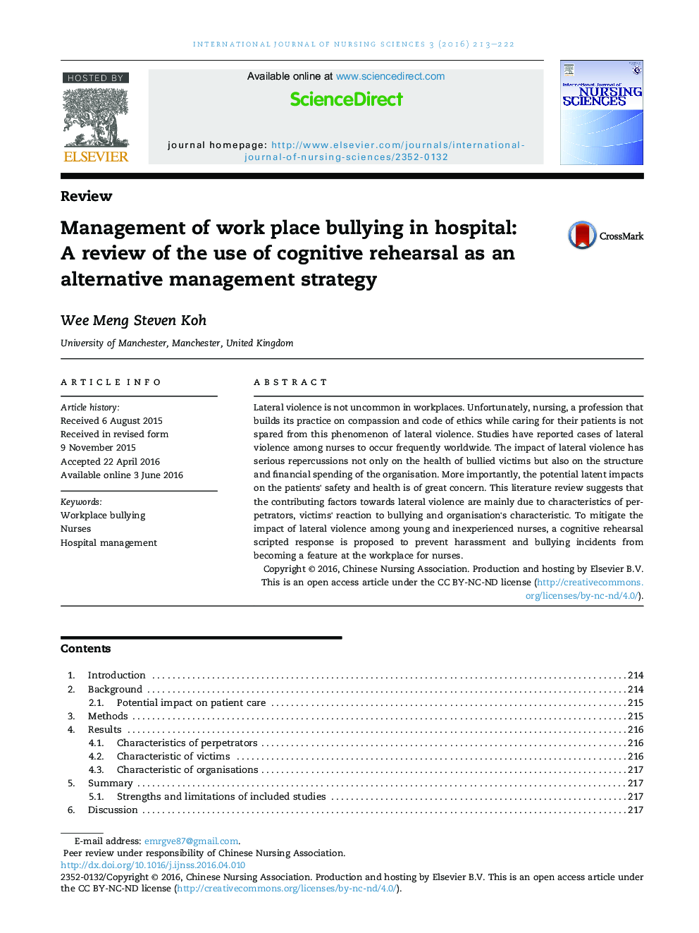 Management of work place bullying in hospital: A review of the use of cognitive rehearsal as an alternative management strategy 