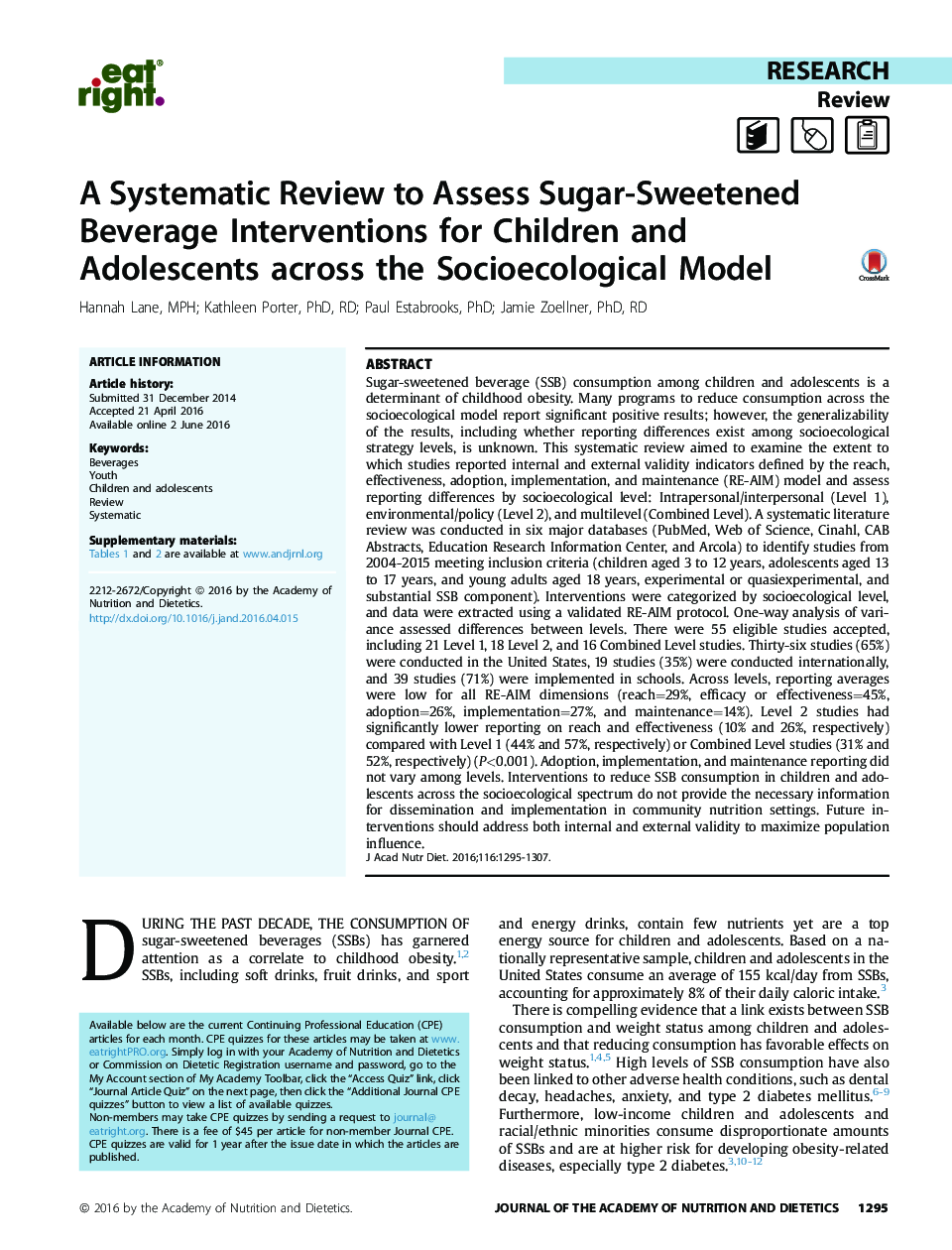 یک مرور سیستماتیک برای ارزیابی مداخلات نوشیدنی شکر شیرین برای کودکان و نوجوانان در مدل جامعه شناختی 
