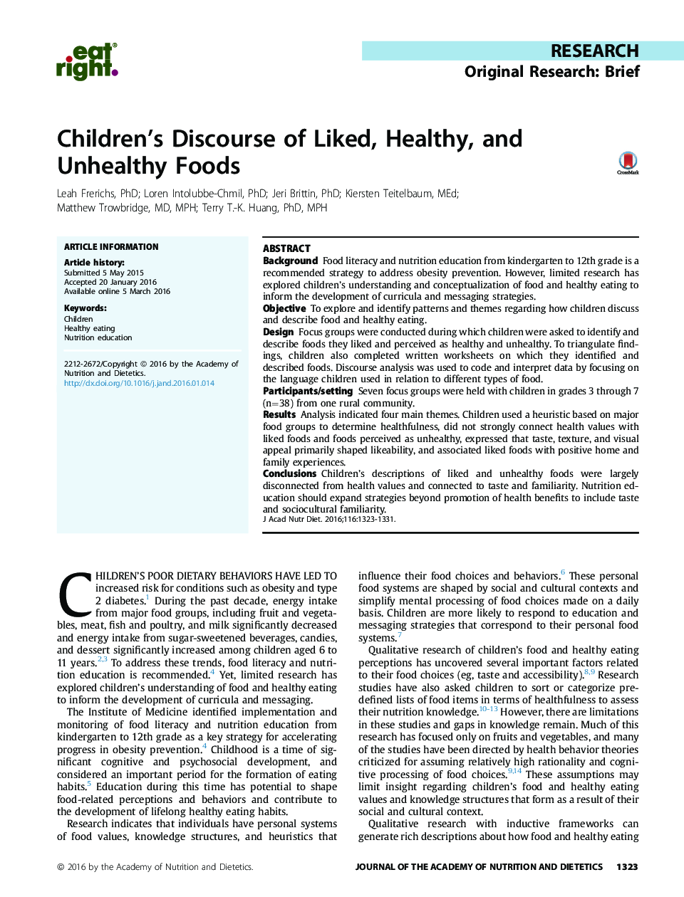 Children’s Discourse of Liked, Healthy, and Unhealthy Foods 