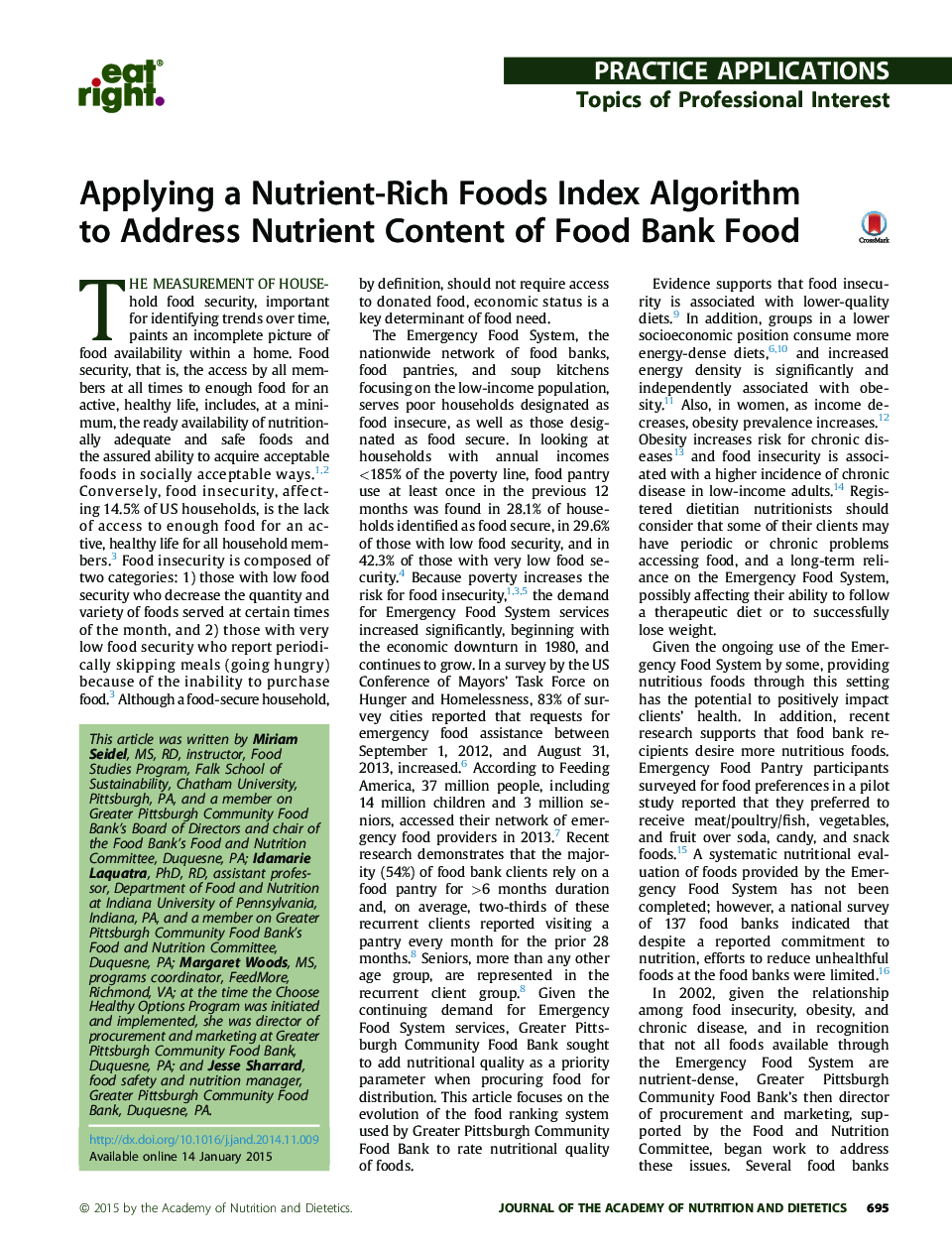 Applying a Nutrient-Rich Foods Index Algorithm to Address Nutrient Content of Food Bank Food