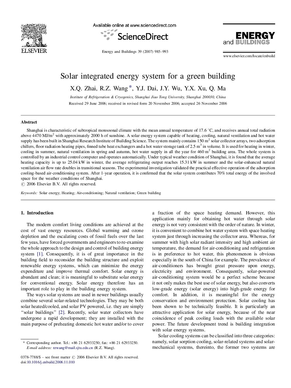 Solar integrated energy system for a green building