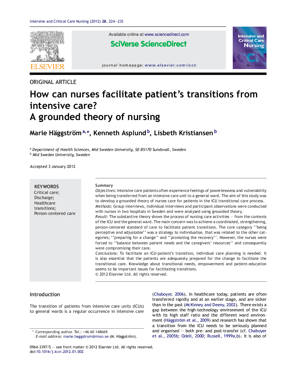 How can nurses facilitate patient's transitions from intensive care?: A grounded theory of nursing