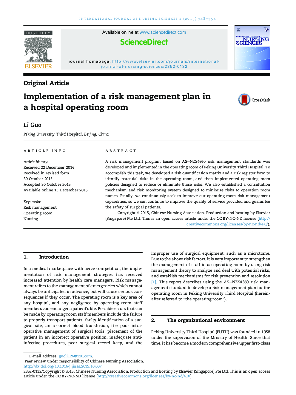 Implementation of a risk management plan in a hospital operating room 