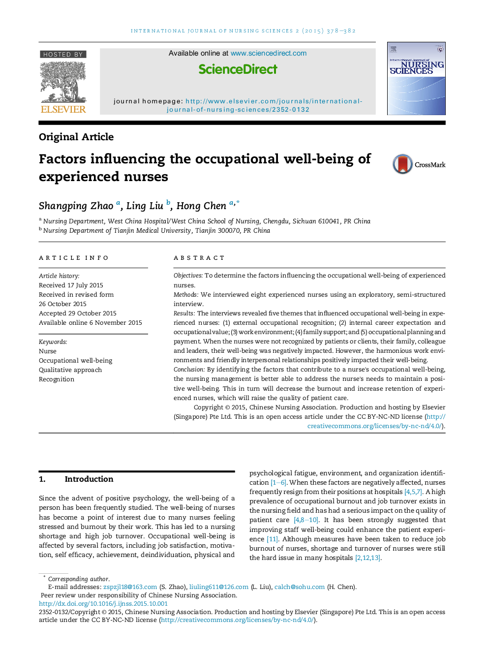 Factors influencing the occupational well-being of experienced nurses 